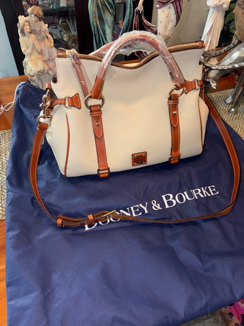 Dooney & Bourke Cream Satchel with Tan Trim - Picture 2 of 14
